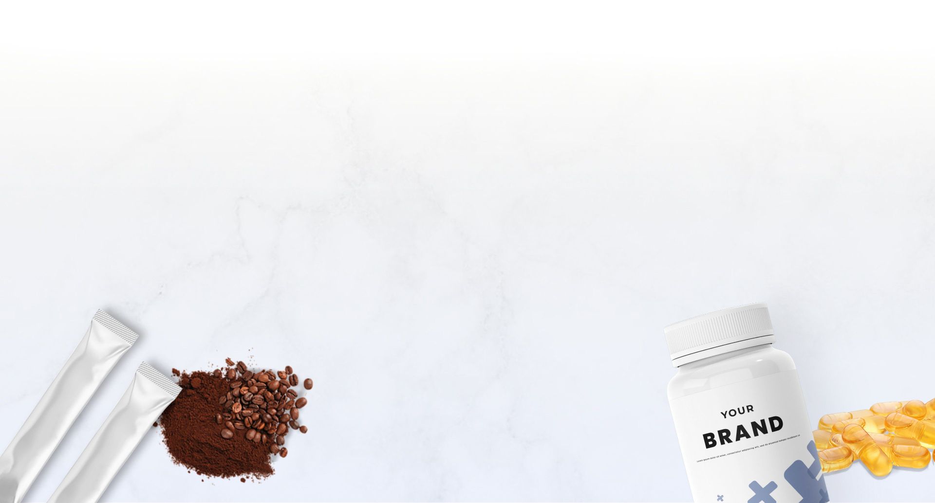 Custom-branded supplement products — coffee sachets, capsules and bottle — by Edmark Industries OEM/ODM manufacturing