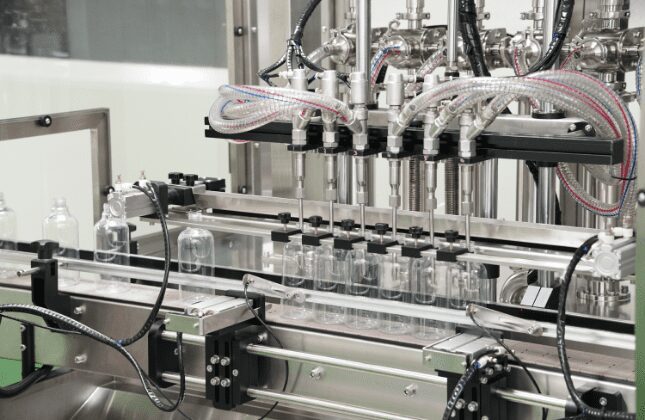 Clear spray bottles under the filling nozzles on the home care line