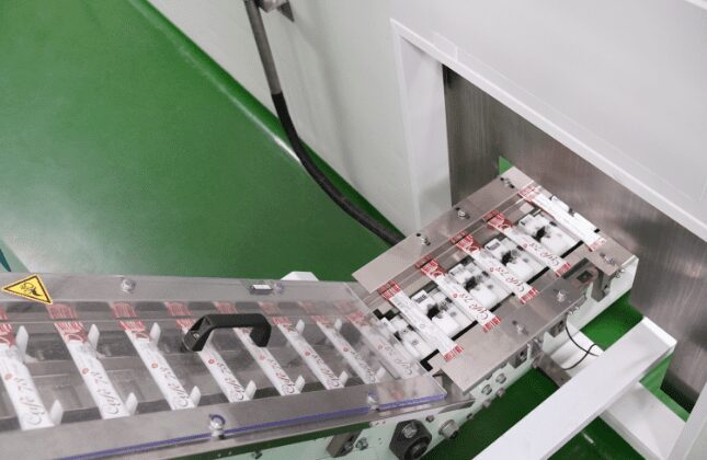Sachet strips on the transfer conveyor to cartoning
