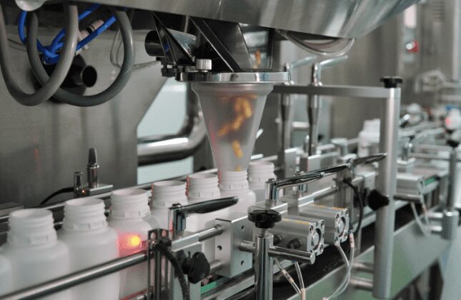 Capsule counting machine dosing capsules into bottles