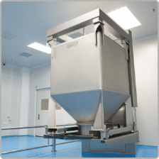 IBC blending bin raised on the hoist in the B Block cleanroom