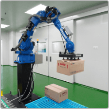 Robotic palletising arm stacking finished cartons at the end of the line