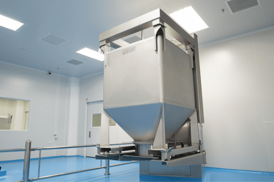 IBC blending bin raised on the hoist in the B Block cleanroom
