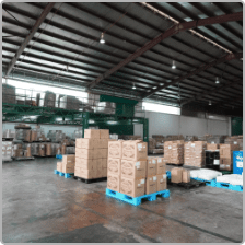 Finished goods on pallets in the Edmark Industries distribution warehouse