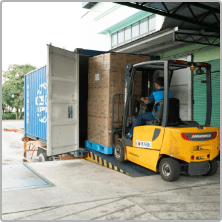Forklift loading a shipping container at the Edmark Industries loading bay