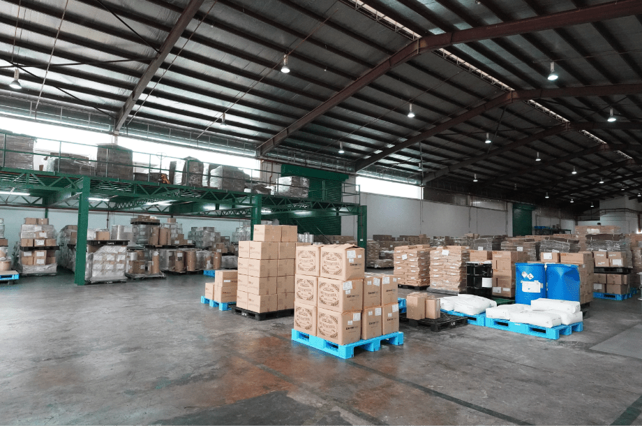 Finished goods on pallets in the Edmark Industries distribution warehouse