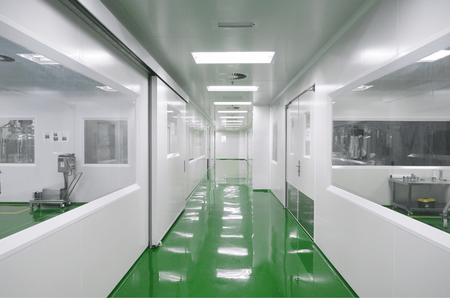 Cleanroom corridor inside the Edmark Industries manufacturing plant