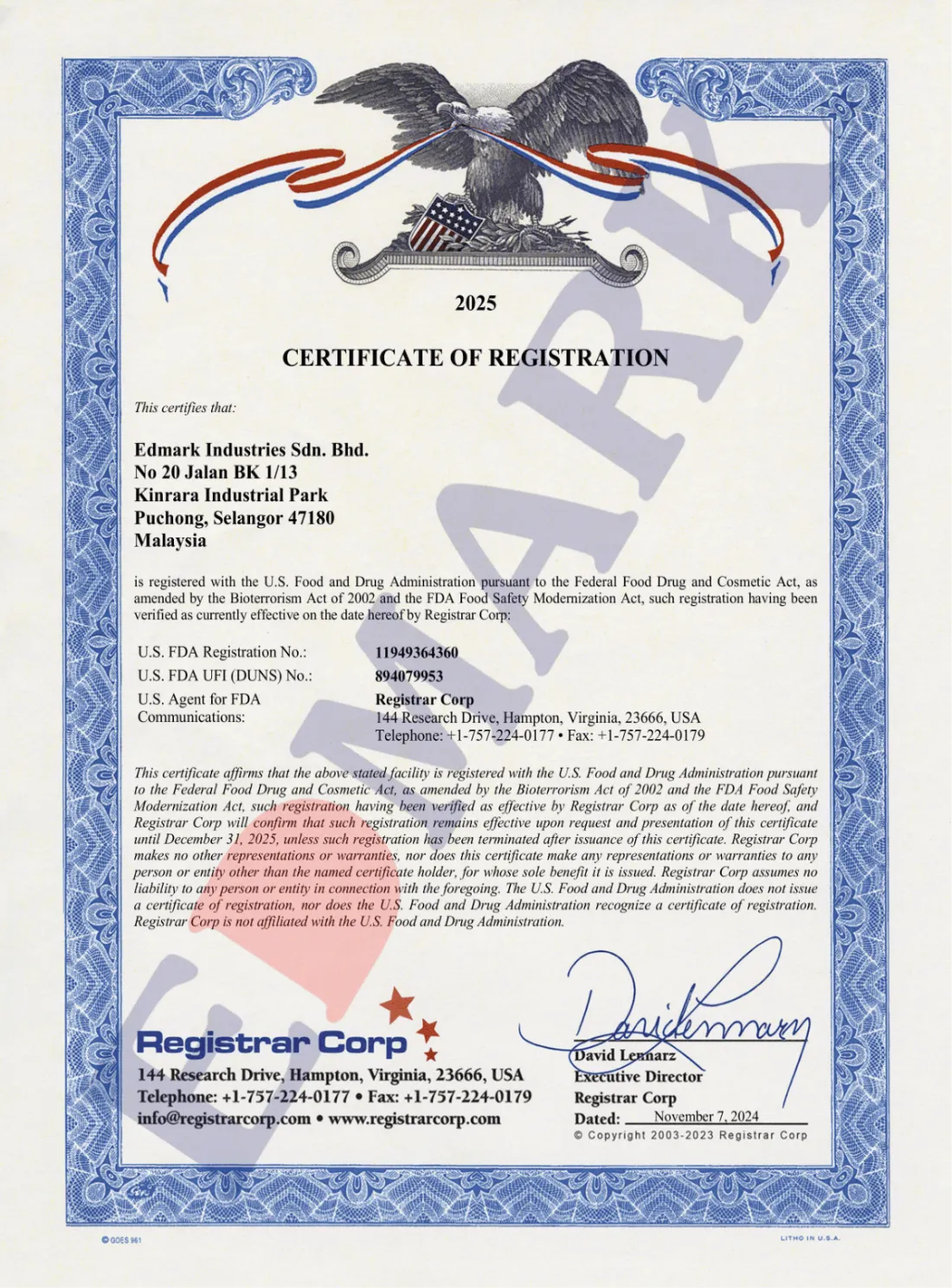 US FDA registration certificate — Edmark Industries OEM/ODM manufacturer