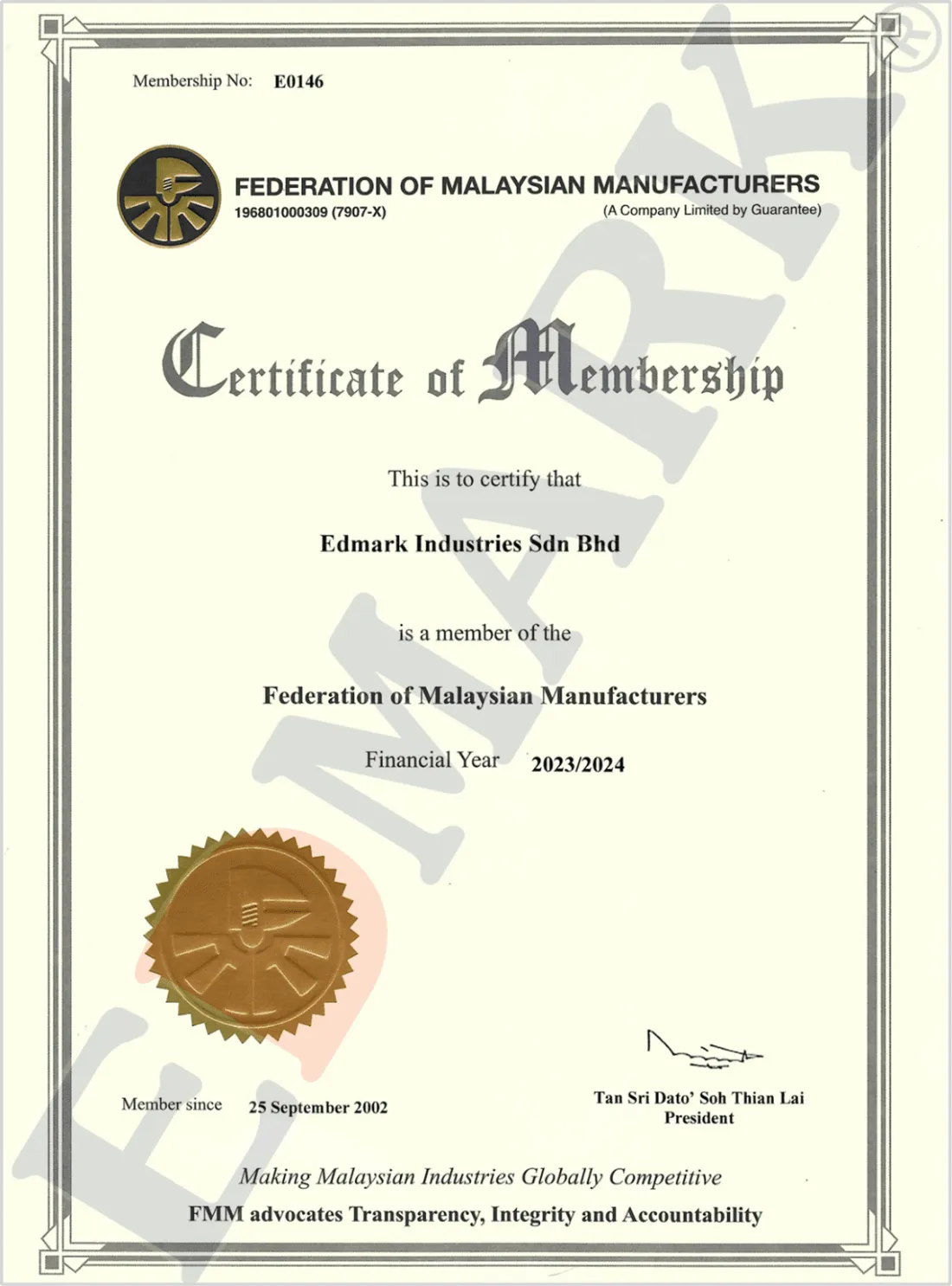 FMM membership certificate — Federation of Malaysian Manufacturers, Edmark Industries