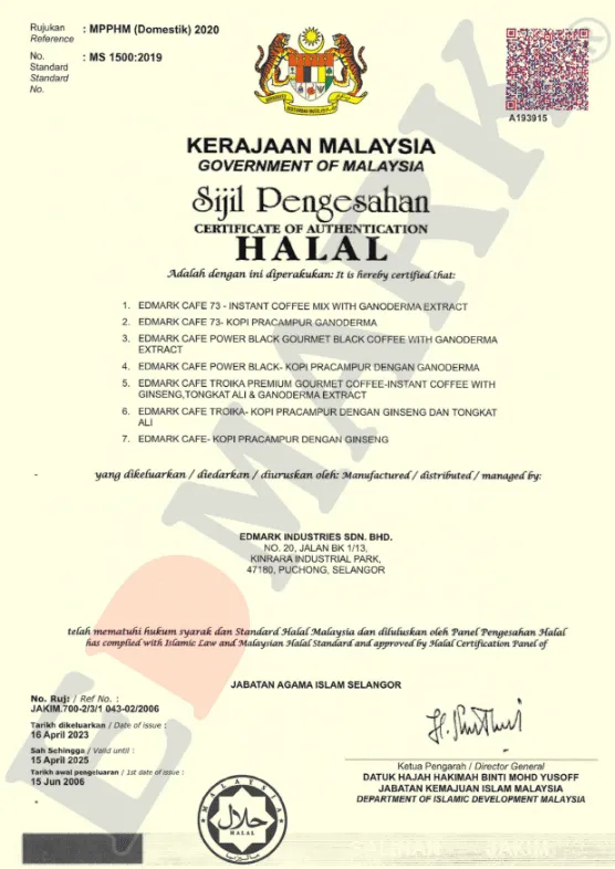 HALAL certificate issued by JAKIM — Edmark Industries Malaysia
