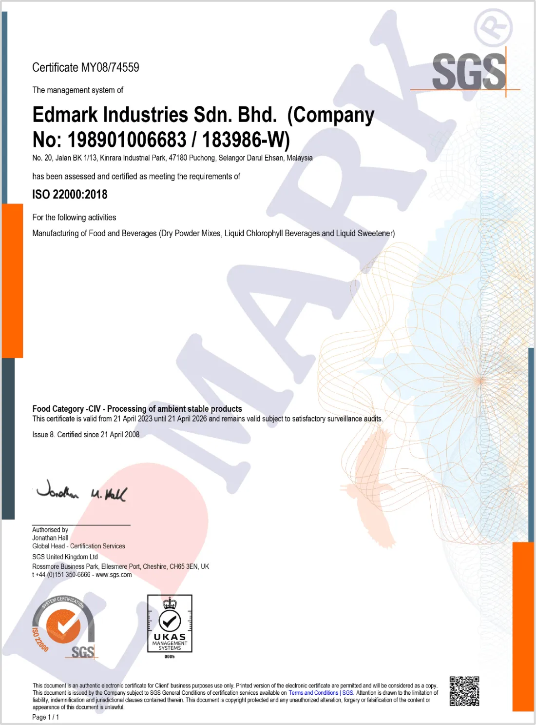 ISO 22000 food safety management certificate — Edmark Industries