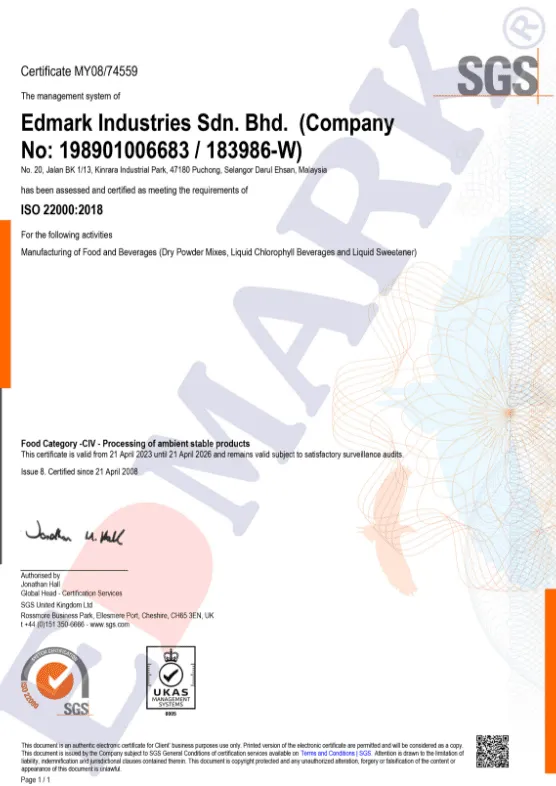 ISO 22000 food safety management system certificate — Edmark Industries