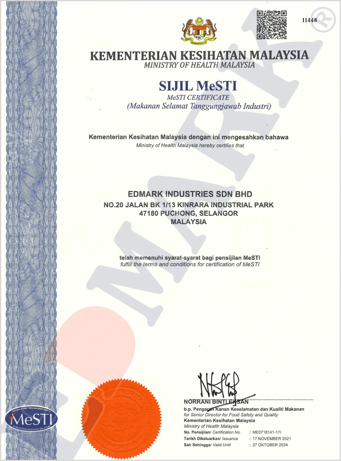 MeSTI food safety certificate — Edmark Industries