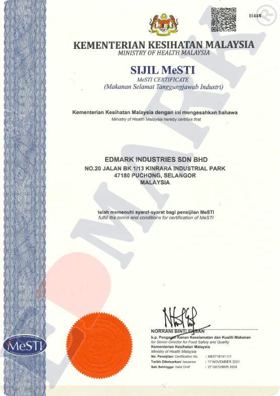 MeSTI food safety certificate (Ministry of Health Malaysia) — Edmark Industries