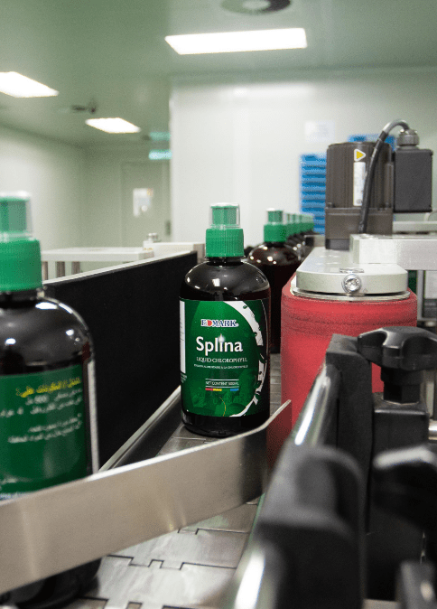 Finished bottles of Splina liquid chlorophyll on the production line