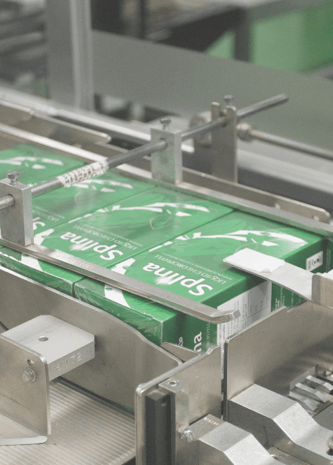 Splina cartons moving along the packing conveyor