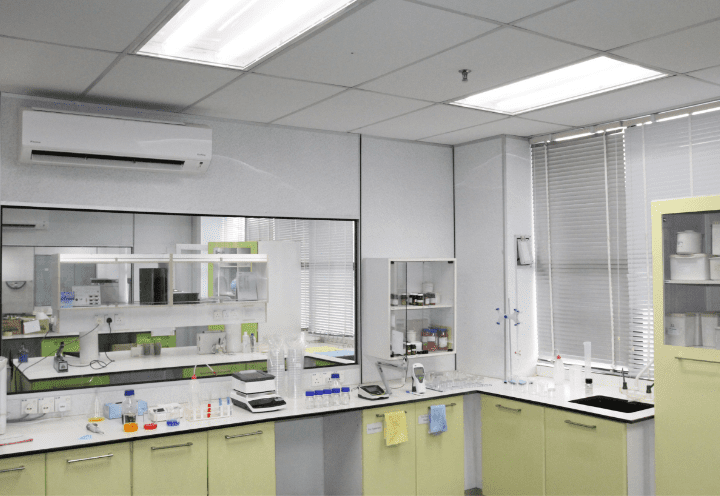 Quality control laboratory with testing benches at Edmark Industries