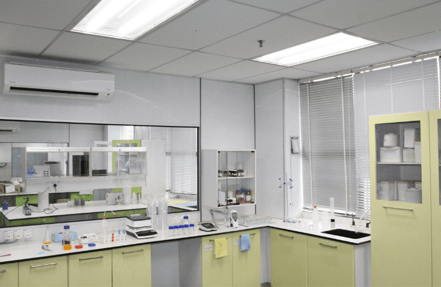 Quality control laboratory with testing benches at Edmark Industries