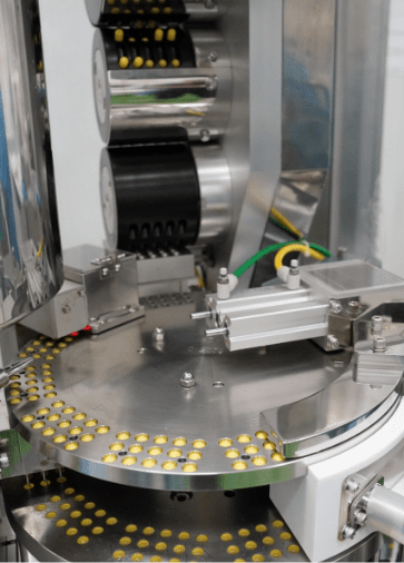 Softgel capsules on the rotary feeding table