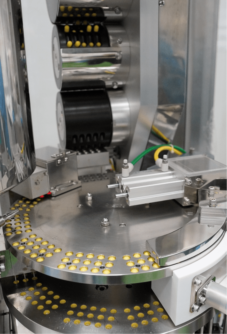 Softgel capsules on the rotary feeding table