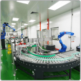 Robotic arm loading cartons onto a roller conveyor in the packing hall