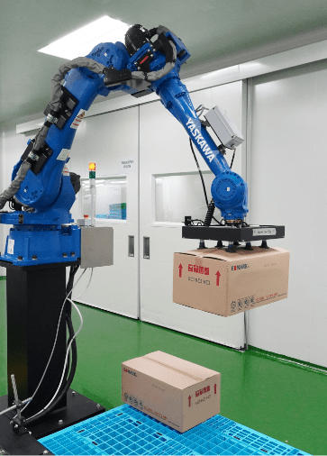 Robotic arm case-packing products into a carton on the roller conveyor