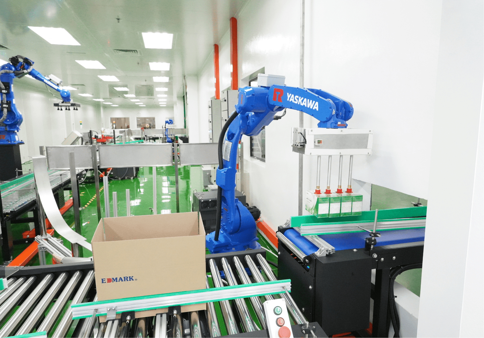 Robotic arm case-packing products into a carton on the roller conveyor