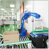 Industrial robot arm case-packing finished products into cartons