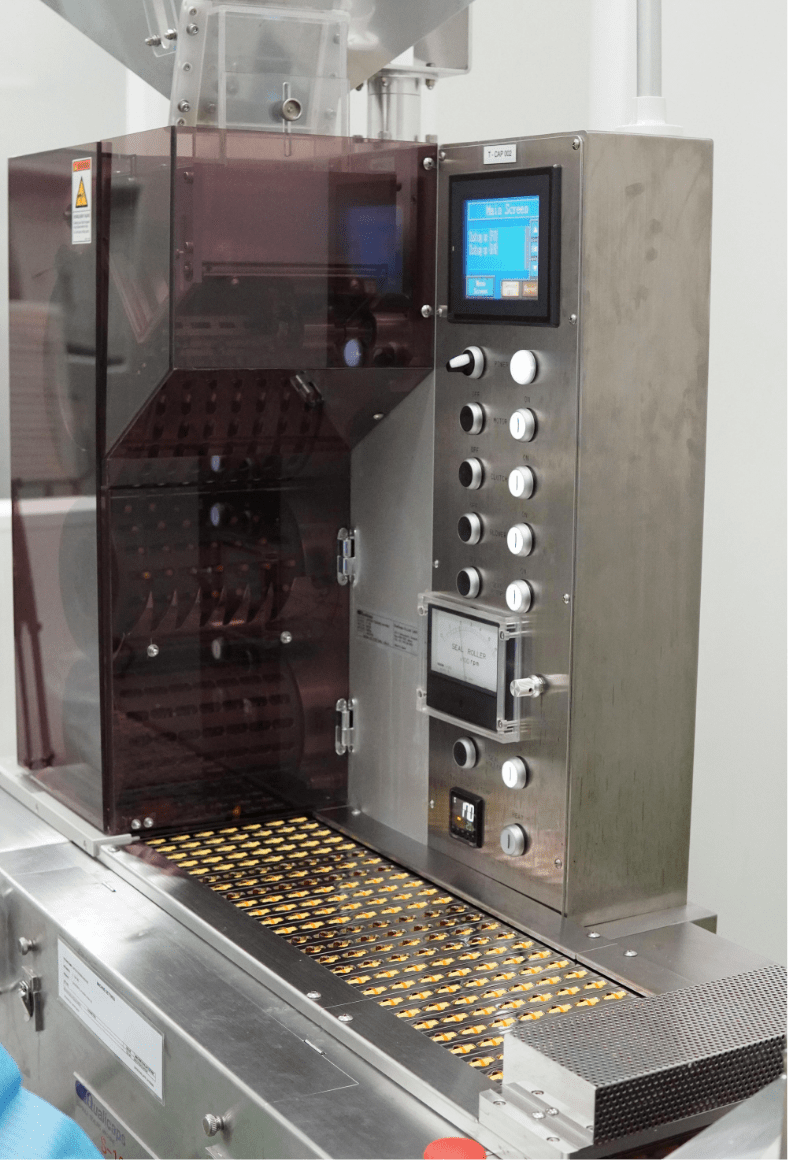 Softgel capsules in carrier trays inside the processing machine