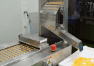 Softgel capsules on the discharge chute of the encapsulation machine