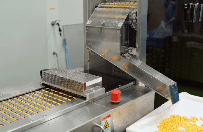 Softgel capsules on the discharge chute of the encapsulation machine