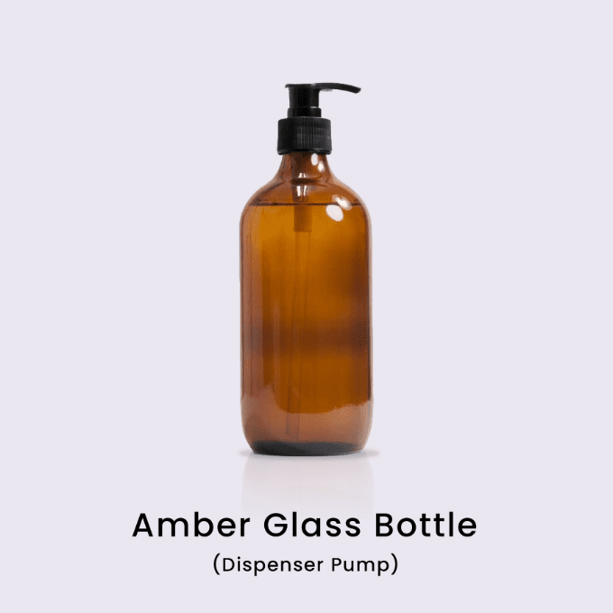 Amber glass bottle with dispenser pump — packaging option, Edmark Industries