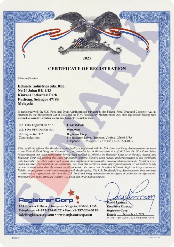 US FDA registration certificate — Edmark Industries OEM/ODM manufacturer
