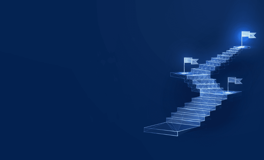 Illustration of a staircase with milestone flags marking the steps towards Industry 4.0