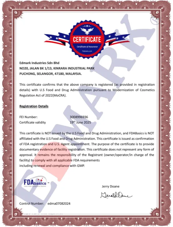 MoCRA cosmetics regulation compliance certificate — Edmark Industries